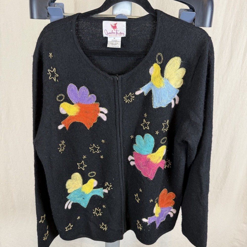Quacker Factory Vintage Ladies Medium Black Wool Angels Zip‎ Cardigan Sweater